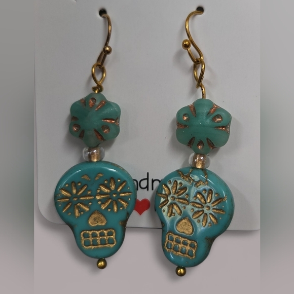 Handmade Jewelry - Handmade Turquoise Czech Glass Sugar Skull Earrings w/Gold Accents & Clear Beads
